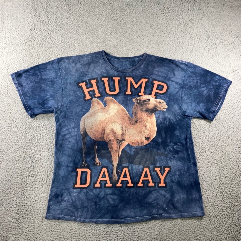 Hump‎ Day Graphic T-Shirt XL Blue Tie Dye Camel Humor Oversized Distressed Boxy